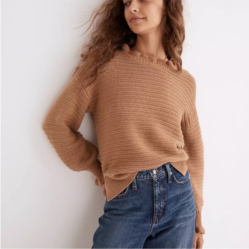 Madewell Merino Wool Blend Textured Knit Ruffle Sweater Camel Brown Size S